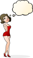 Karikatur attraktiv Frau im kurz Kleid mit habe gedacht Blase png
