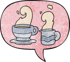cartoon cup of coffee with speech bubble in retro texture style png