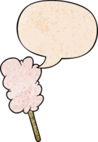 cartoon candy floss on stick with speech bubble in retro texture style png