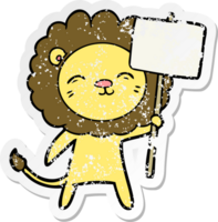 distressed sticker of a cartoon lion with protest sign png