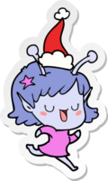 happy alien girl hand drawn sticker cartoon of a wearing santa hat png