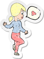 retro distressed sticker of a cartoon woman in love png