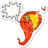 cartoon flaming hot chili pepper with speech bubble distressed distressed old sticker png