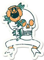 worn old sticker with banner of a skull and rose png