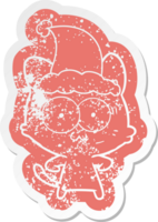 quirky cartoon distressed sticker of a surprised cat wearing santa hat png