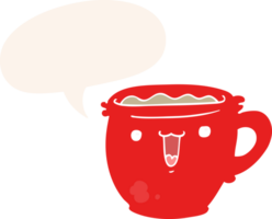 cute cartoon coffee cup with speech bubble in retro style png