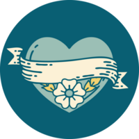 iconic tattoo style image of a heart and banner with flowers png