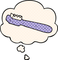 cartoon toothbrush with thought bubble in comic book style png