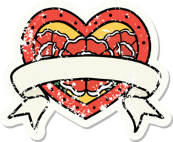 distressed sticker tattoo in traditional style of a heart and banner with flowers png