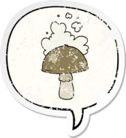 dessin animé champignon avec spore nuage avec discours bulle affligé affligé vieux autocollant png