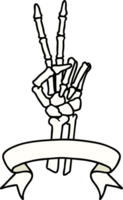 traditional tattoo with banner of a skeleton giving a peace sign png