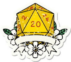 grunge sticker of a natural 20 critical hit D20 dice roll png
