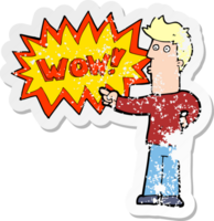 retro distressed sticker of a cartoon amazed man png