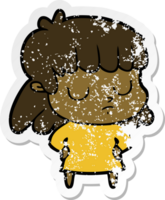 distressed sticker of a cartoon indifferent woman png