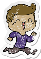 distressed sticker of a cartoon laughing boy png