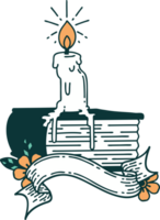 scroll banner with tattoo style candle melting on book png