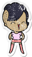 distressed sticker of a cartoon happy hipster girl png