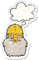 dibujos animados vikingo cara con pensamiento burbuja como un afligido desgastado pegatina png