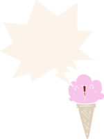 Karikatur Eis Sahne mit Gesicht mit Rede Blase im retro Stil png