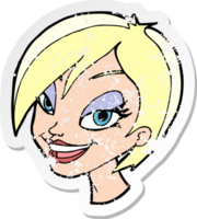 retro distressed sticker of a cartoon pretty female face png