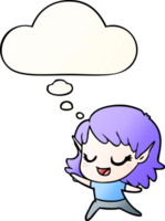 carton happy elf girl dancing with thought bubble in smooth gradient style png