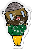 distressed sticker of a cartoon bearded man crying png