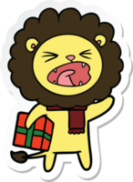 autocollant d'un lion de dessin animé avec un cadeau de Noël png