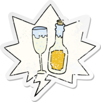dessin animé Champagne bouteille et verre avec discours bulle affligé affligé vieux autocollant png