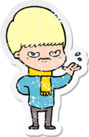 distressed sticker of a annoyed cartoon boy png