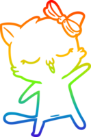 rainbow gradient line drawing of a cartoon cat with bow on head png