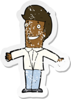 retro distressed sticker of a cartoon grining man with open arms png