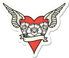 sticker of tattoo in traditional style of a flying heart with flowers and banner png