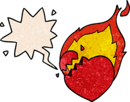 cartoon flaming heart with speech bubble in retro texture style png