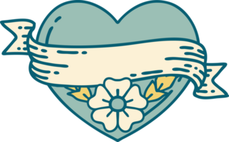 iconico tatuaggio stile Immagine di un' cuore e bandiera con fiori png