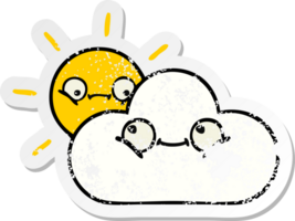 autocollant en détresse d'un soleil et d'un nuage de dessin animé mignon png