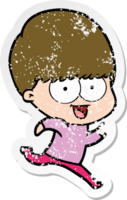 distressed sticker of a happy cartoon boy running png