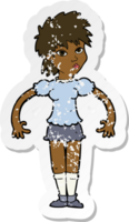 retro distressed sticker of a cartoon curious woman png