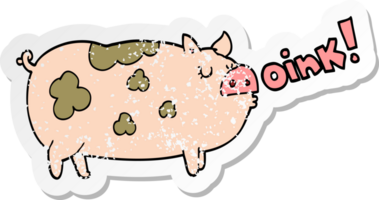 distressed sticker of a cartoon oinking pig png