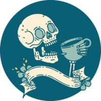 tattoo style icon with banner of a skull drinking coffee png