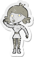 retro distressed sticker of a cartoon robot woman waving png