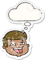 Lycklig tecknad serie manlig ansikte med trodde bubbla som en bedrövad bärs klistermärke png