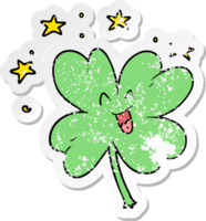 distressed sticker of a happy cartoon four leaf clover png