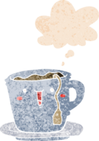 mignonne dessin animé tasse et soucoupe avec pensée bulle dans grunge affligé rétro texturé style png