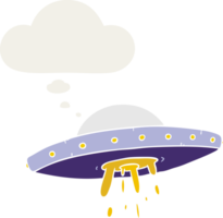 cartoon flying UFO with thought bubble in retro style png