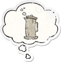 cartoon old kettle with thought bubble as a distressed worn sticker png