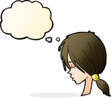 cartoon girl looking thoughtful with thought bubble png