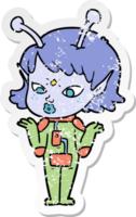 adesivo angustiado de uma linda garota alienígena de desenho animado png