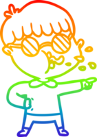 rainbow gradient line drawing of a cartoon boy wearing spectacles and pointing png