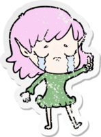 pegatina angustiada de una niña elfa llorando de dibujos animados png