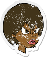 retro distressed sticker of a cartoon annoyed woman png